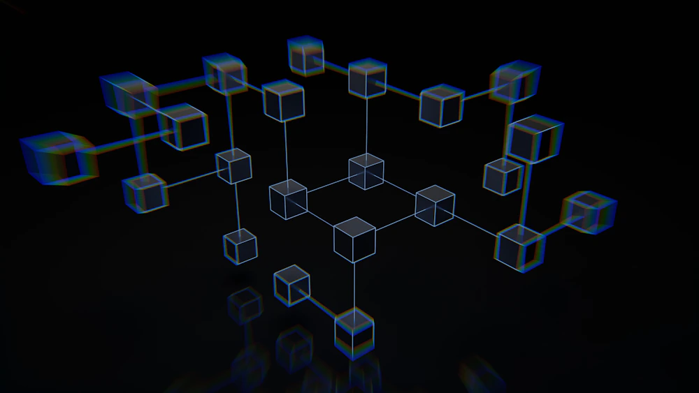 Renderização abstrata em azul com formas geométricas conectadas